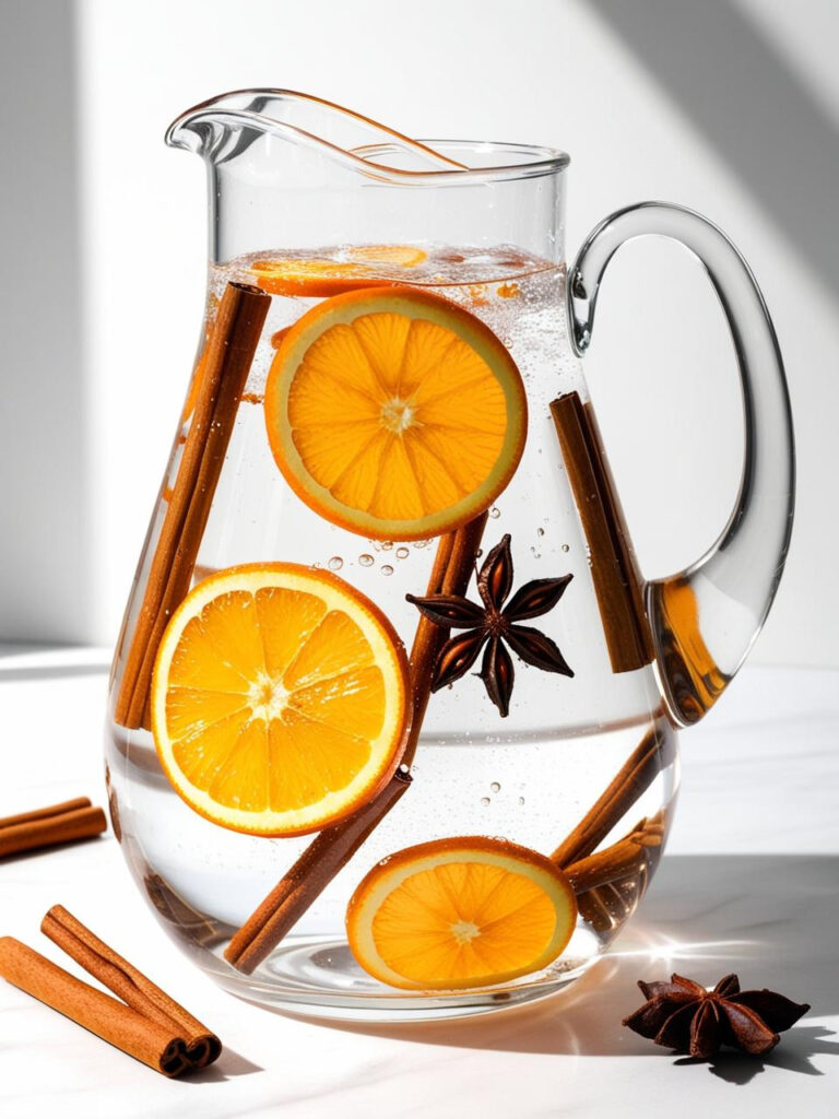 A clear glass pitcher filled with water, floating orange slices, cinnamon sticks, and star anise