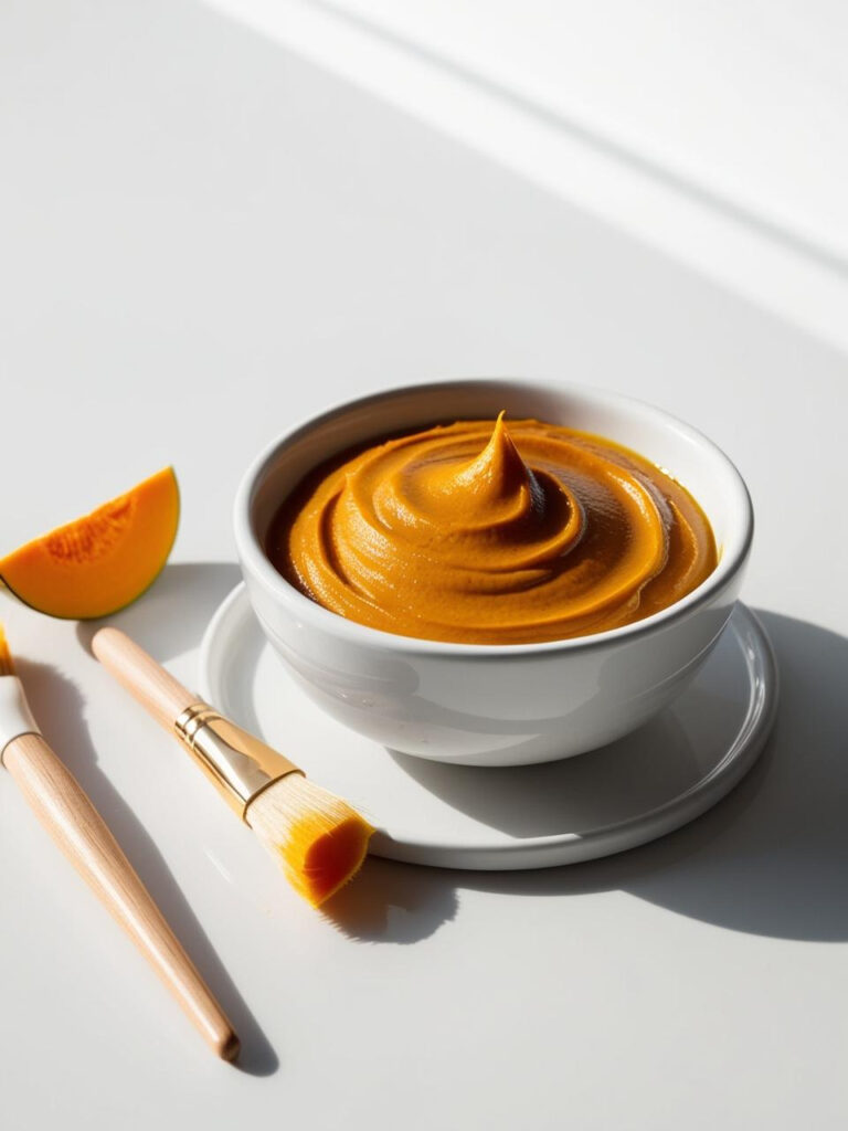 A white ceramic bowl containing a creamy orange hair mask, with an application brush and fresh pumpkin slice garnish