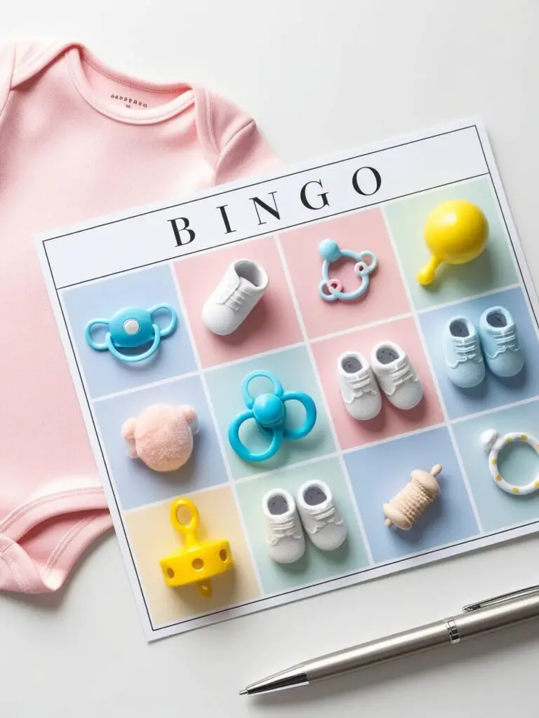Baby showr bingo card Baby Shower Bingo card with baby-themed items in pastel colors