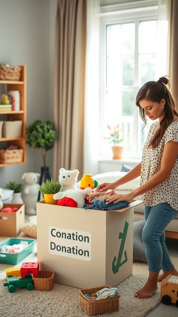 A woman organizing clothes and toys for donation in a bright, clutter-free room.