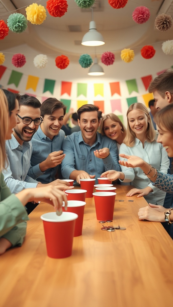 A group of friends enjoying a Coin Toss Accuracy Test game with red cups and coins at a football-themed party.