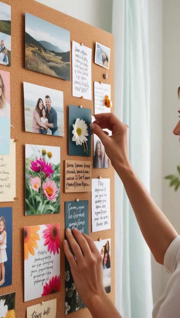 A close-up of hands arranging colorful photos and quotes on a poster board, with a mix of images, affirmations, and personal photos. The background shows a relaxed environment with soft lighting. A close-up of hands arranging colorful photos and quotes on a poster board, with a mix of images, affirmations, and personal photos. The background shows a relaxed environment with soft lighting.
