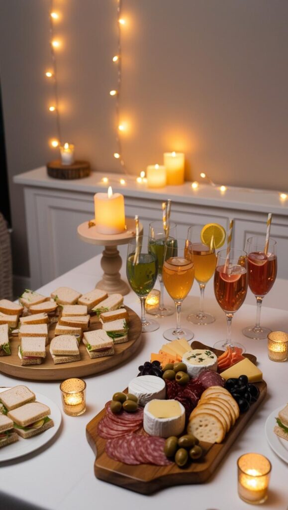 A cozy party setting with dimmed lights, candles, string lights, and an inviting snack table featuring drinks, mini sandwiches, and a charcuterie board, perfect for a vision board party. Vision board party snacks