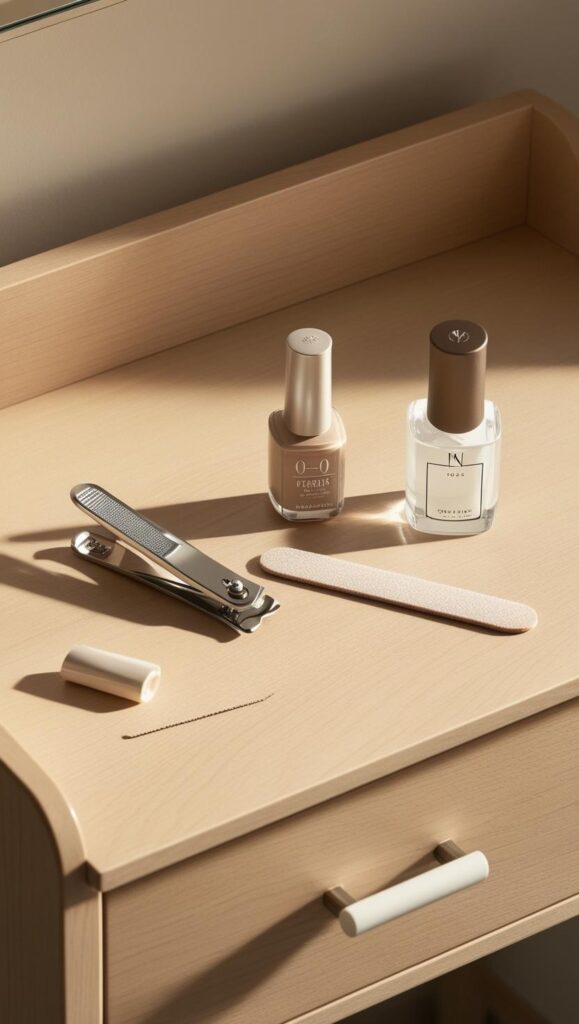 Simple nail care setup with neutral polish for busy moms looking to maintain a polished look