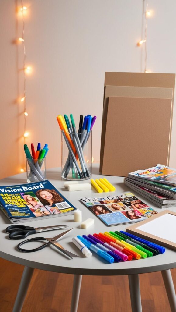 A neatly arranged table with vision board supplies such as scissors, glue sticks, colorful markers, magazines, and blank poster boards, set against a festive backdrop with fairy lights. vision board supplies