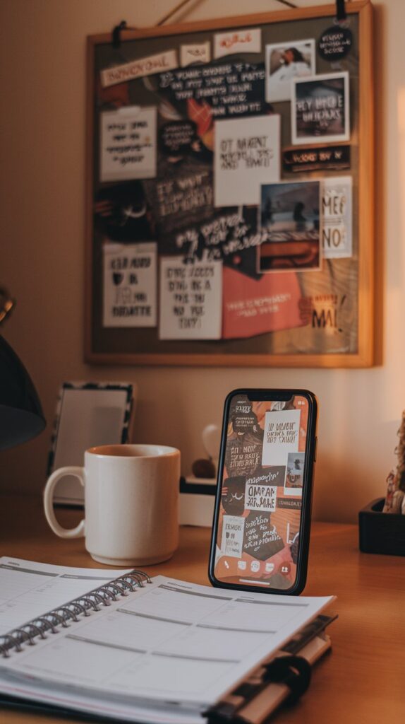 a-photo-of-a-desk-setup-with-a-planner-c_jdd3Rq7lT5iGam9BG6qYHg_zq2eXb9ST9mM4aGx77cmQw A digital vision board displayed as a phone wallpaper, with motivational quotes and images. In the background, a desk setup with a planner, coffee mug, and a vision board hanging on the wall