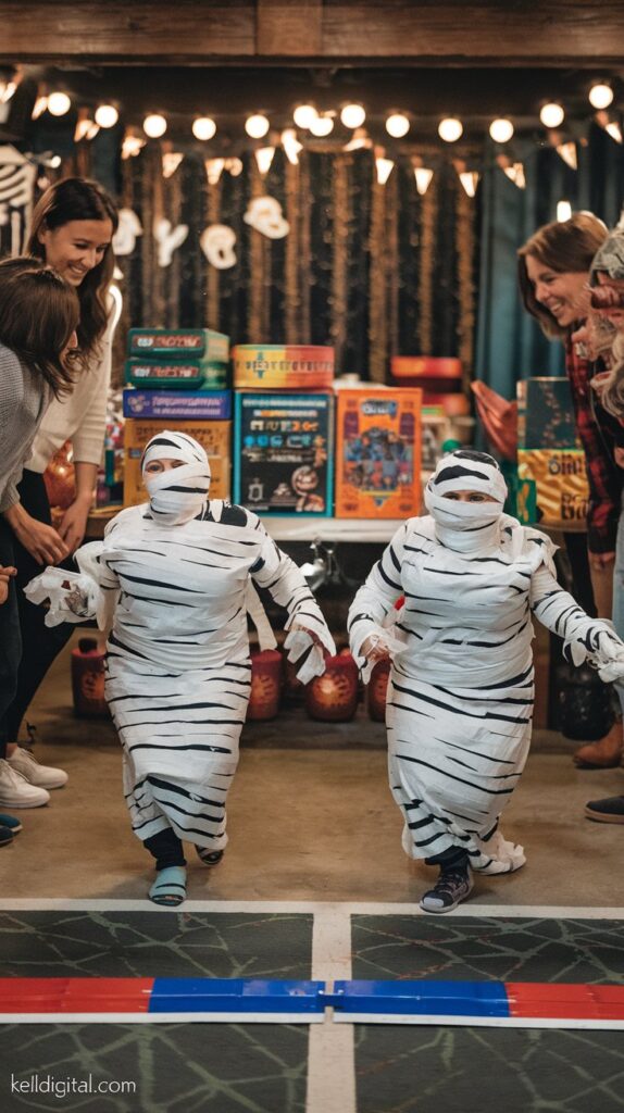a-photo-of-a-family-game-night-with-two-_3lRGArBMR-G5CkKiG5Ulpw_7MuUSphmQxi3nqvOObleFQ family memebers playing a mummy game with toilet paper