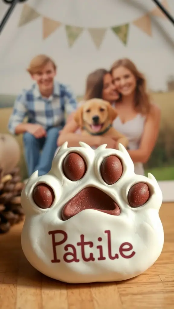 A clay animal paw print keepsake with the name 'Patile' on it, displayed in front of a family photo.