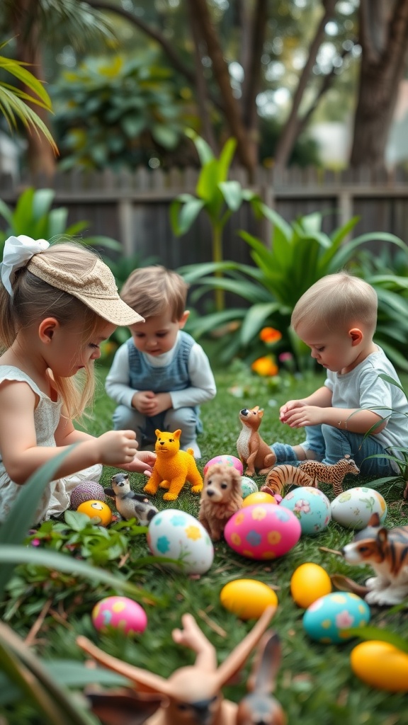 Kids participating in an animal rescue egg hunt, surrounded by colorful eggs and toy animals.