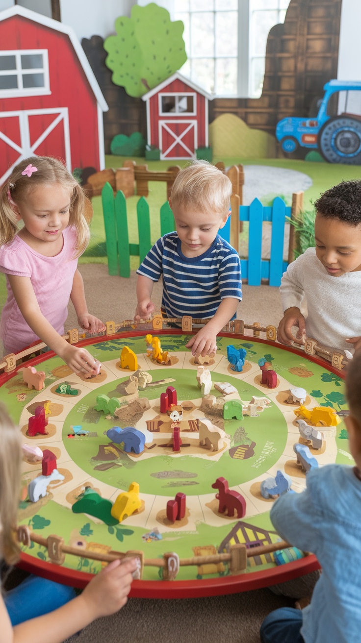 Children playing Barnyard Roundup board game with colorful animal pieces