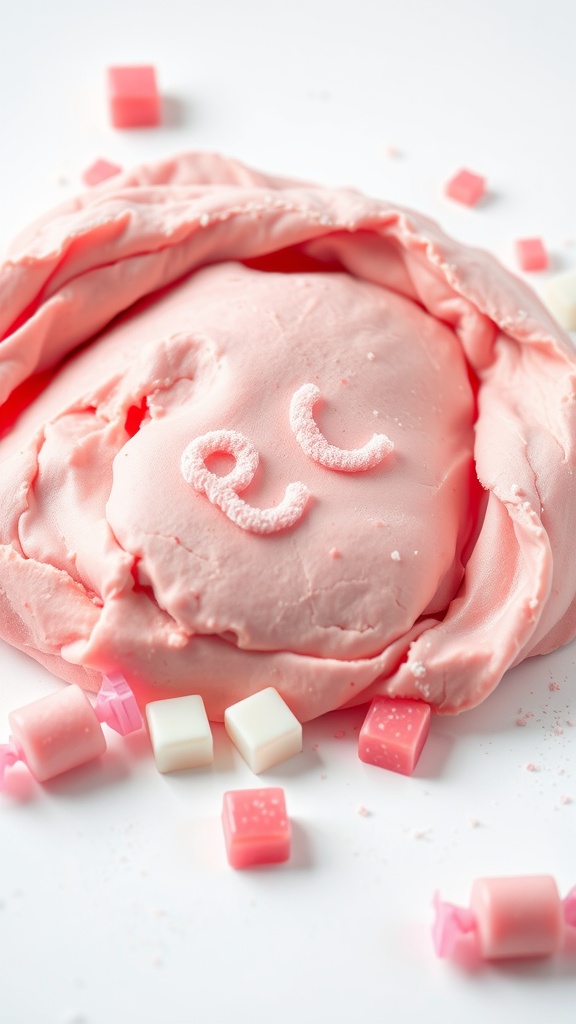 A vibrant pink bubblegum scented play dough