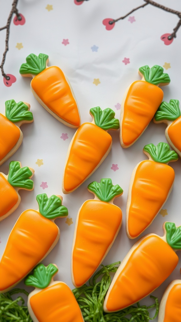 Decorated carrot-shaped cookies with orange icing and green tops