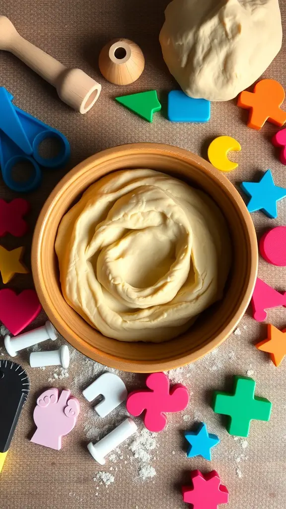A bowl of smooth salt dough surrounded by colorful play dough shapes and crafting tools.