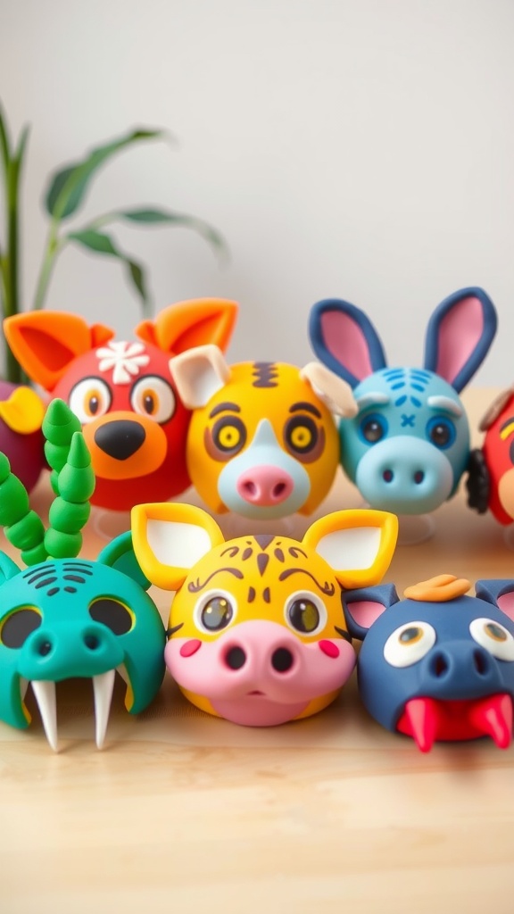 Colorful animal masks made from clay, showcasing fun designs and expressions.