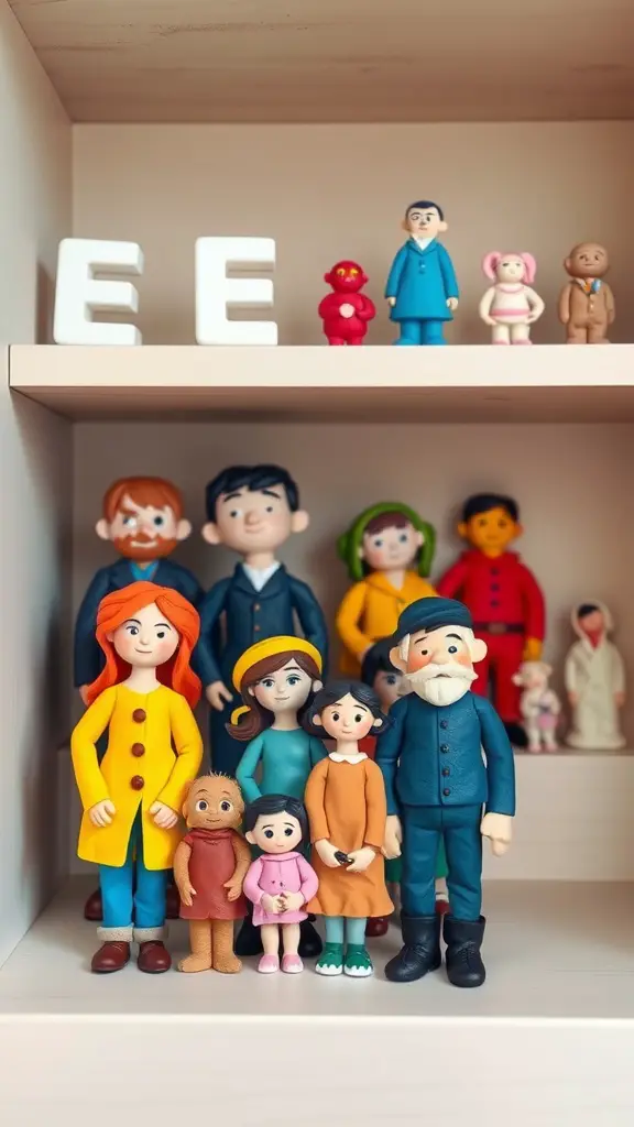 Colorful clay family figures on a shelf