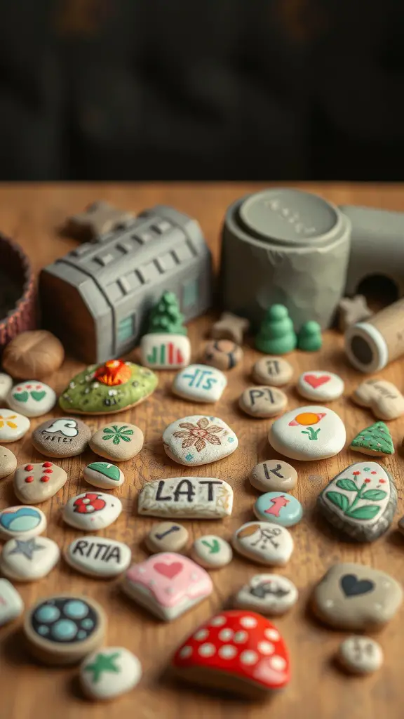 Colorful clay story stones with various designs scattered on a wooden table.
