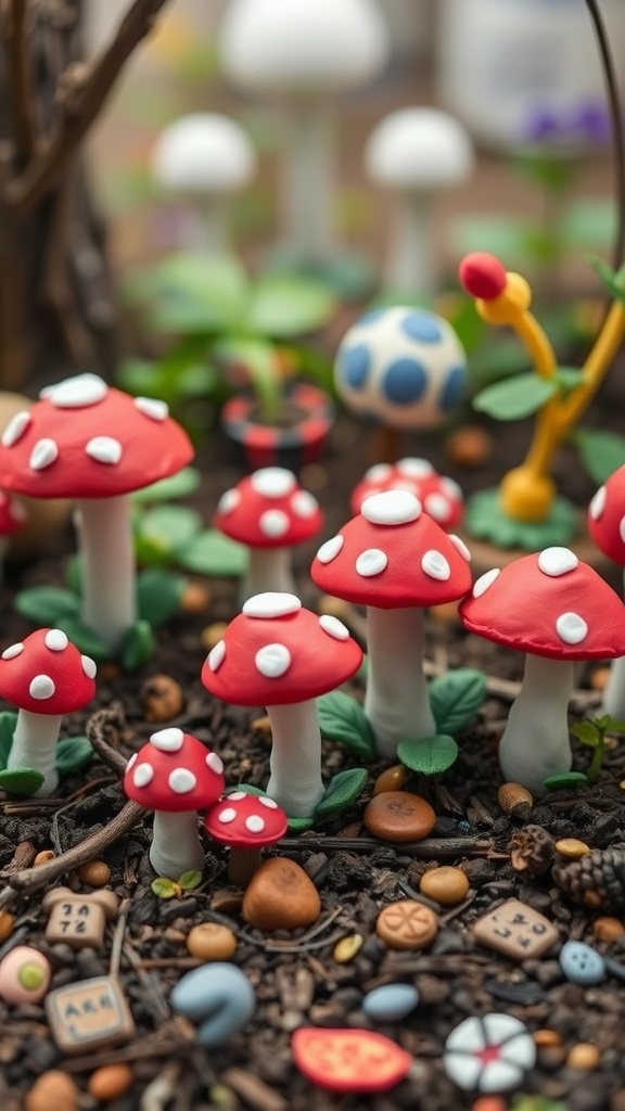 Colorful clay toadstools in a small garden setting