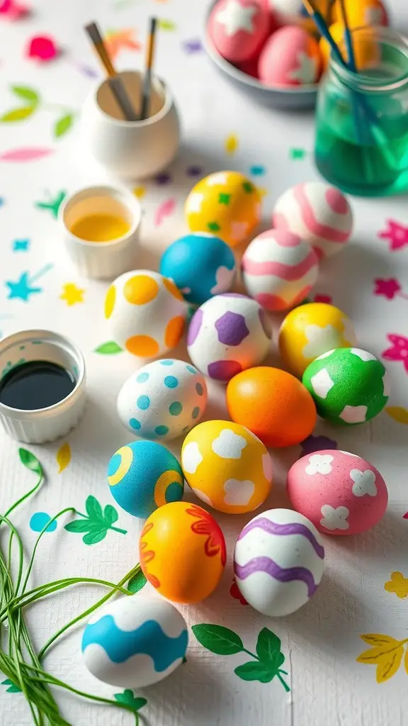 A colorful display of dyed Easter eggs with various patterns and colors, surrounded by dye containers and brushes.