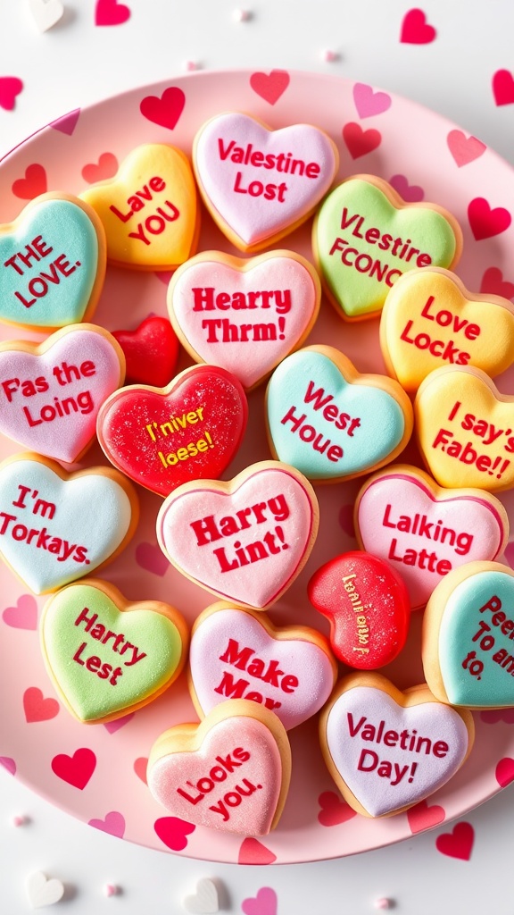 Colorful heart-shaped cookies decorated with fun messages for Valentine's Day.