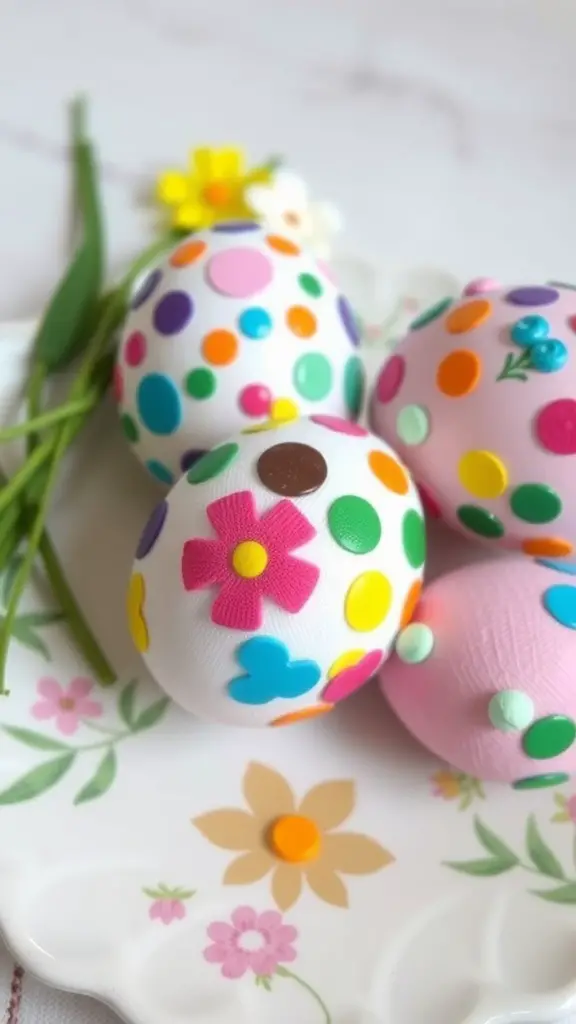 Decorated Easter eggs with colorful stickers on a floral plate