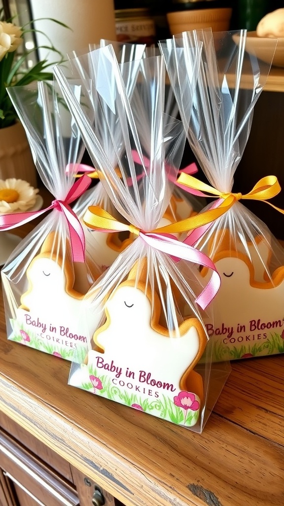 Decorative clear bags with Baby in Bloom cookies tied with colorful ribbons
