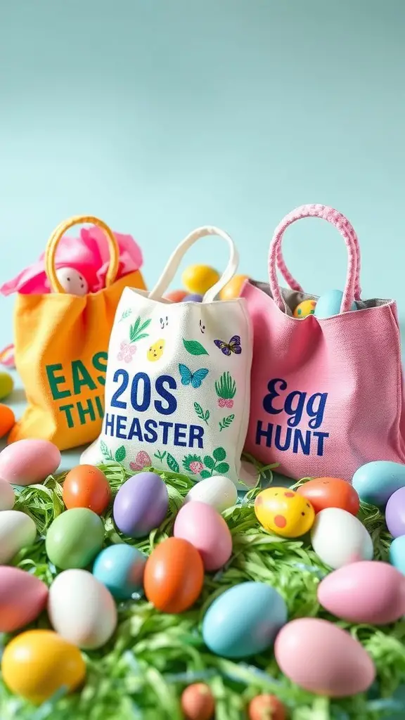Colorful DIY Easter egg hunt bags surrounded by pastel Easter eggs and grass