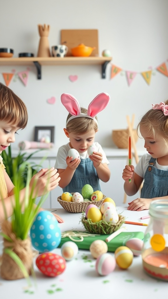 Children decorating eggs at a DIY egg decorating station for Easter
