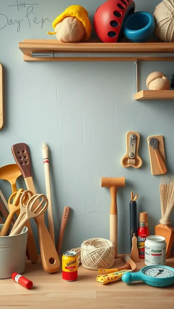 A collection of DIY playdough tools and accessories including colorful bowls, wooden spoons, and cookie cutters.