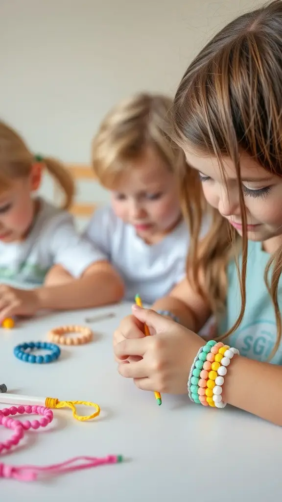 Children making colorful Easter-themed friendship bracelets