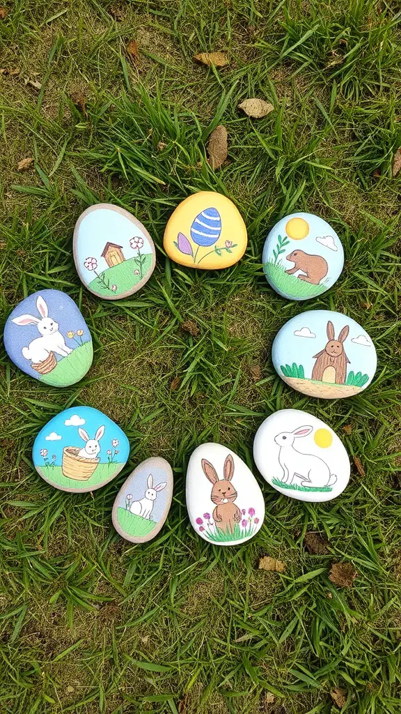 A collection of painted stones with Easter-themed illustrations on a grass surface.