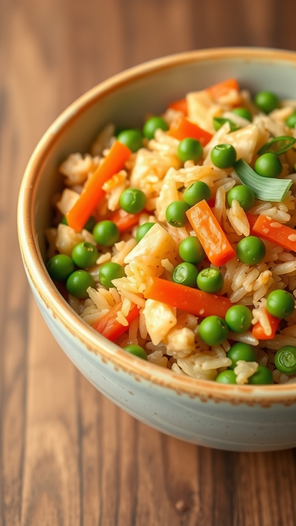 A bowl of colorful veggie fried rice with green peas and carrots.