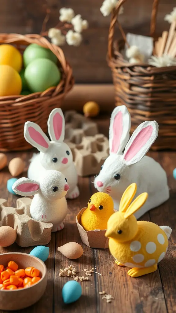 Colorful egg carton chicks and bunnies for Easter crafts.