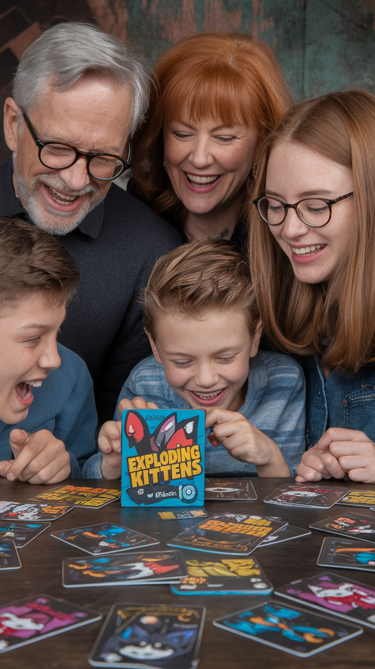 A group of friends playing Exploding Kittens with two kittens sitting on the table.