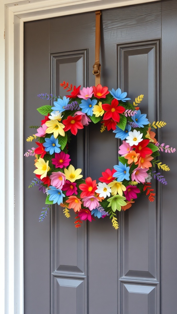 A colorful floral wreath with red, blue, yellow, and pink flowers hanging on a gray door.
