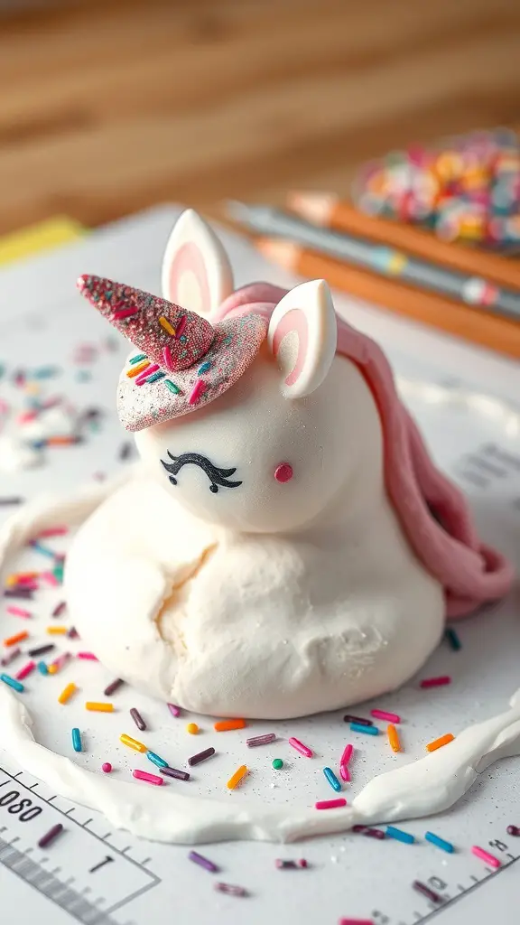 Colorful glittery playdough shaped like a unicorn with sprinkles around it.