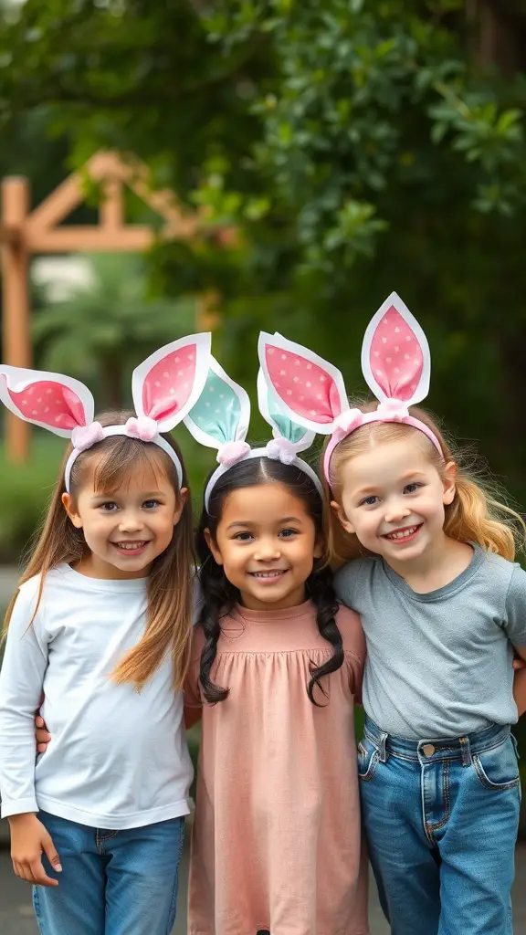 Three kids wearing colorful bunny ear headbands, smiling together outdoors