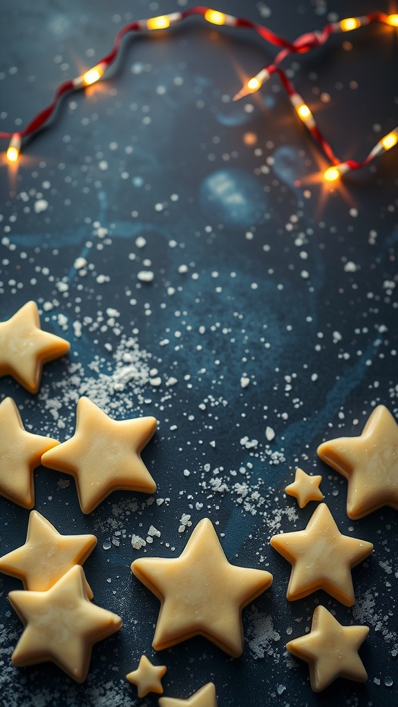 A collection of twinkling star-shaped play dough pieces scattered on a surface.
