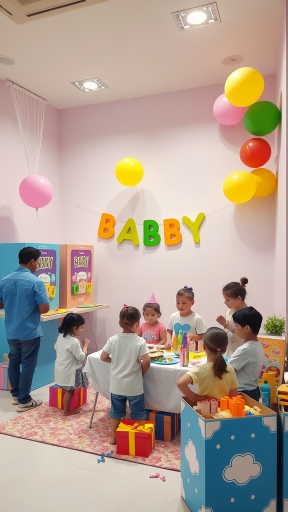Children gathered around a table during a party with colorful decorations and games.