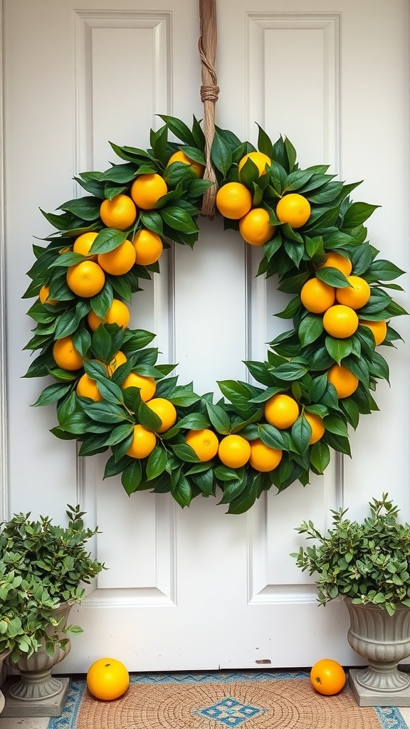 A vibrant wreath made of green leaves and orange fruits hanging on a white door.