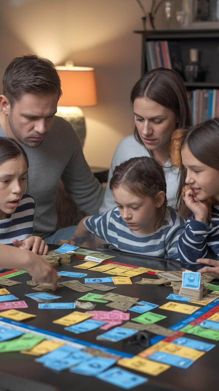 A family playing Monopoly around a table, showing concentration and engagement.