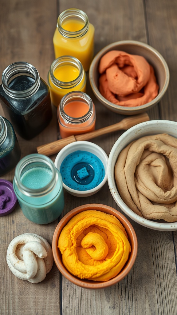 Colorful jars and bowls of natural dye playdough in various shades