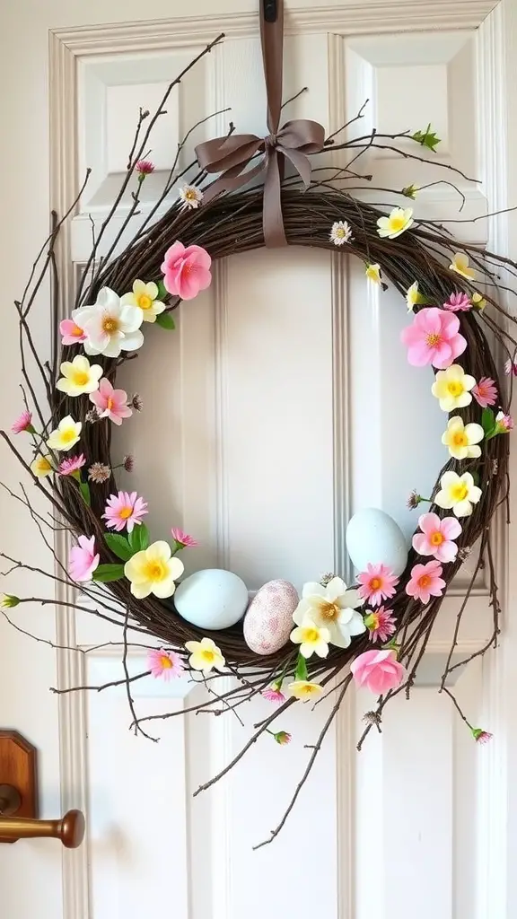 A nature-inspired Easter wreath with pink and yellow flowers and eggs, hanging on a door.