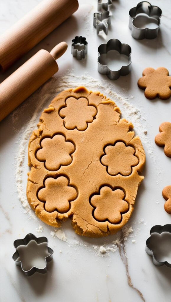 p (2) Rolled-out cookie dough on a floured surface with flower-shaped cutters and neatly cut shapes ready for baking.