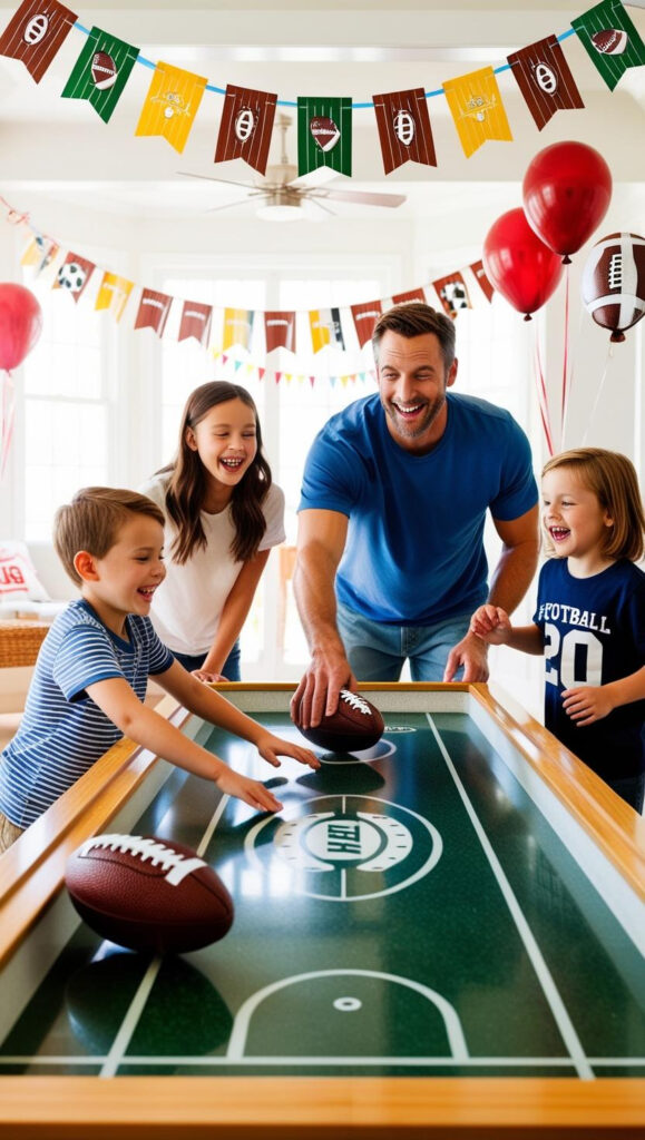 Children playing Balloon Football Catch with colorful balloons and a football in a backyard.