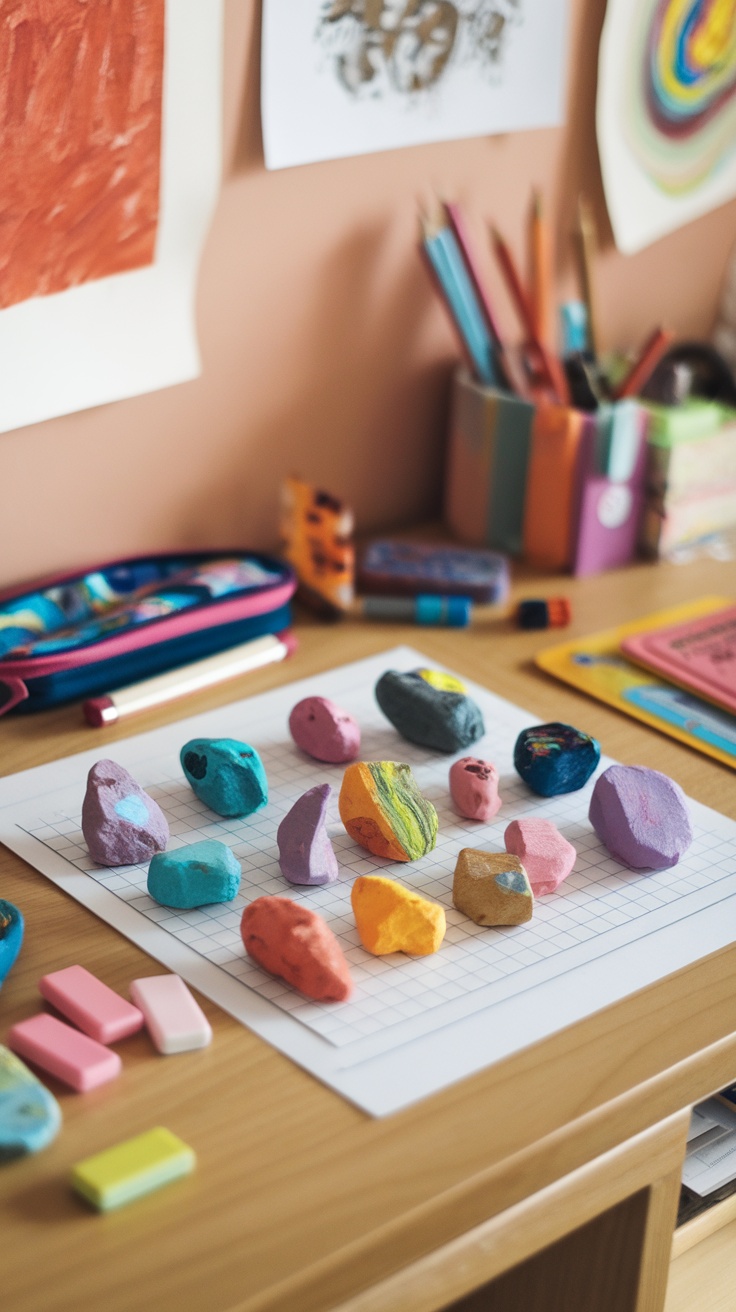 Colorful painted rocks used as paperweights on a desk