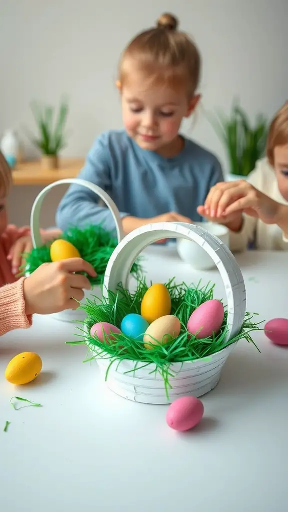 Children making paper plate Easter baskets with colorful eggs