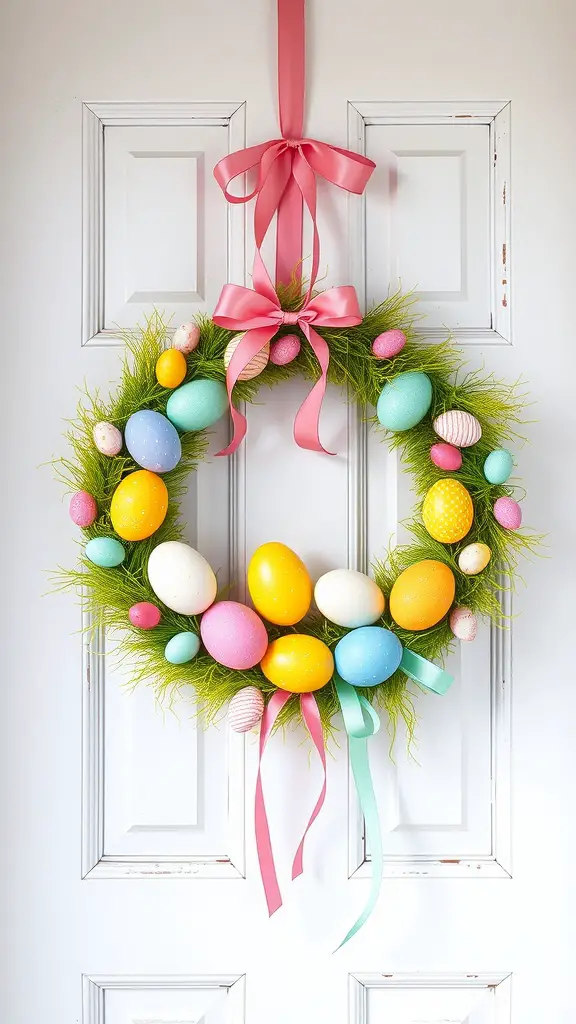 A colorful pastel Easter egg wreath with various eggs and ribbons hanging on a door.