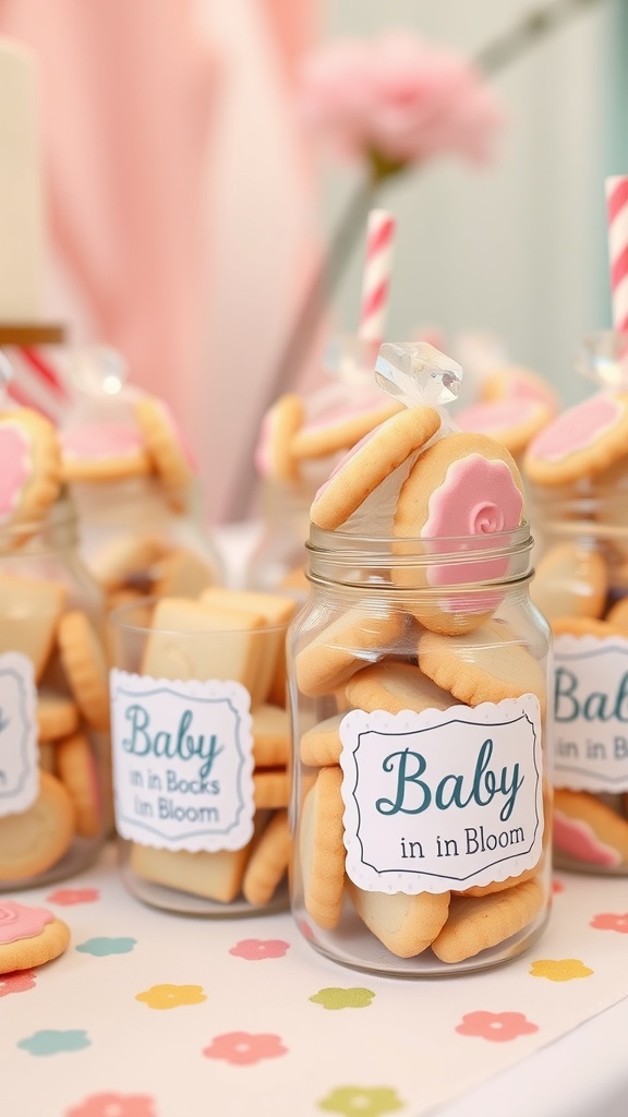 Personalized glass jars filled with Baby in Bloom cookies, beautifully decorated labels, and colorful accents.