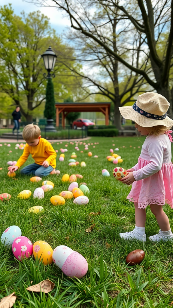 Two children participating in a puzzle piece egg hunt in a park, with colorful eggs on the grass.
