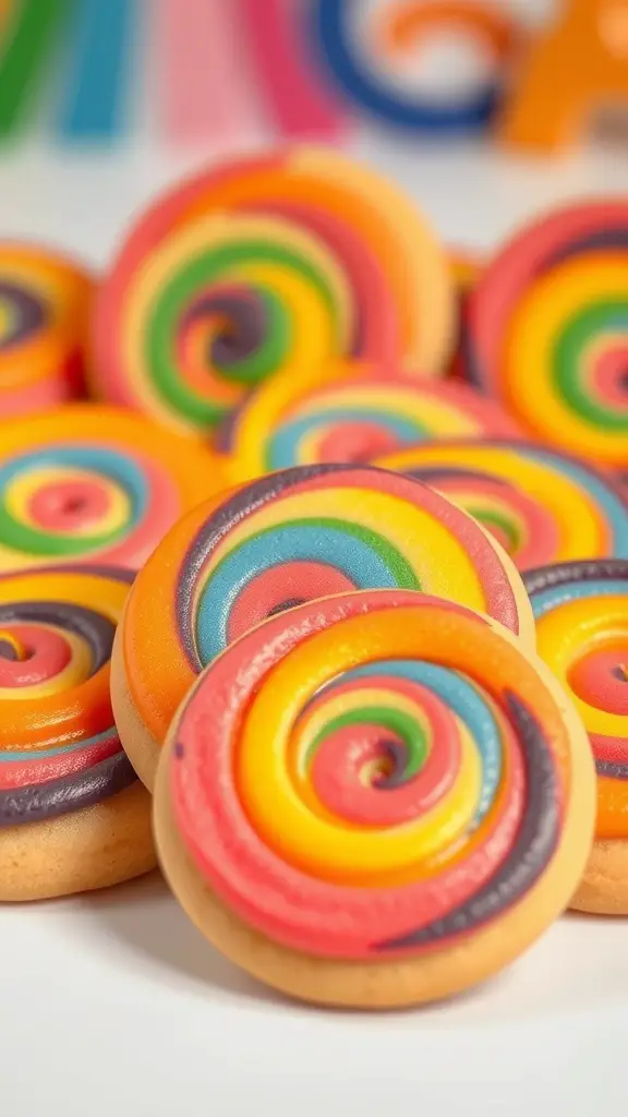 Colorful rainbow swirl cookies arranged on a table